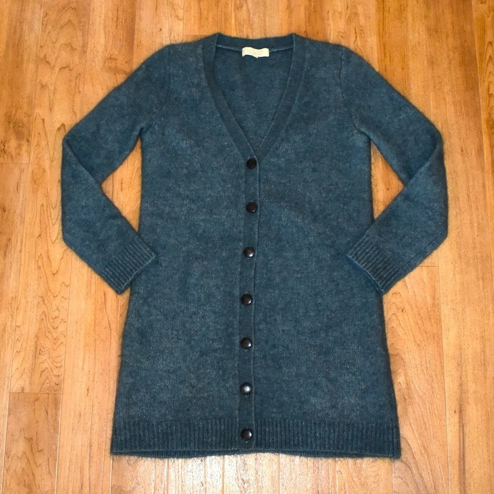Sezane Mohair Long Cardigan Sweater Womens Medium Green Longline V-Neck Wool - Picture 2 of 4